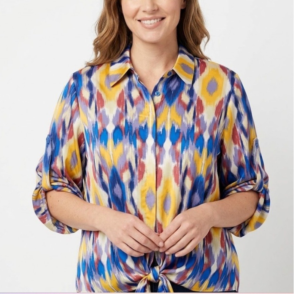 Couleur by Finley size XL Colorful Artsy Retro Rolled Tab Button Down Tie Front